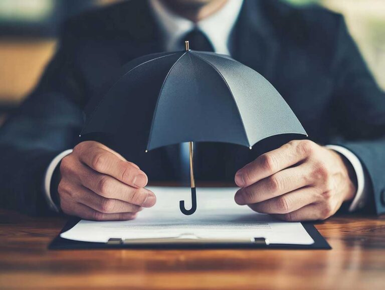 A person reviewing documents at a kitchen table, with bills, a laptop, and a pen in hand.